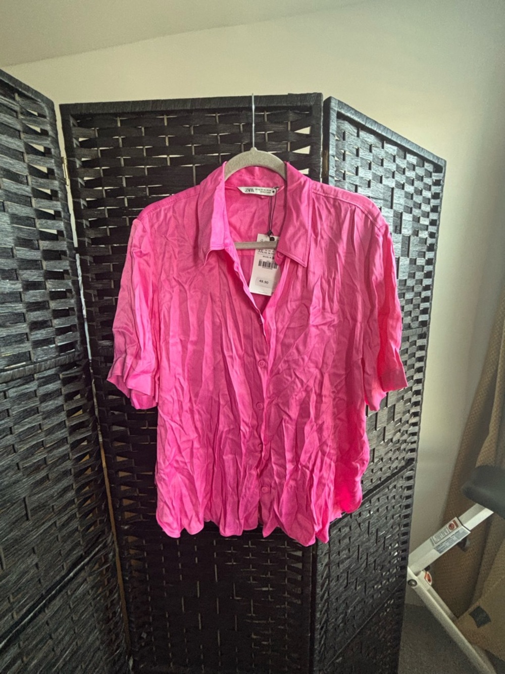 Zara Hot Pink Short-Sleeve Button-Down Blouse